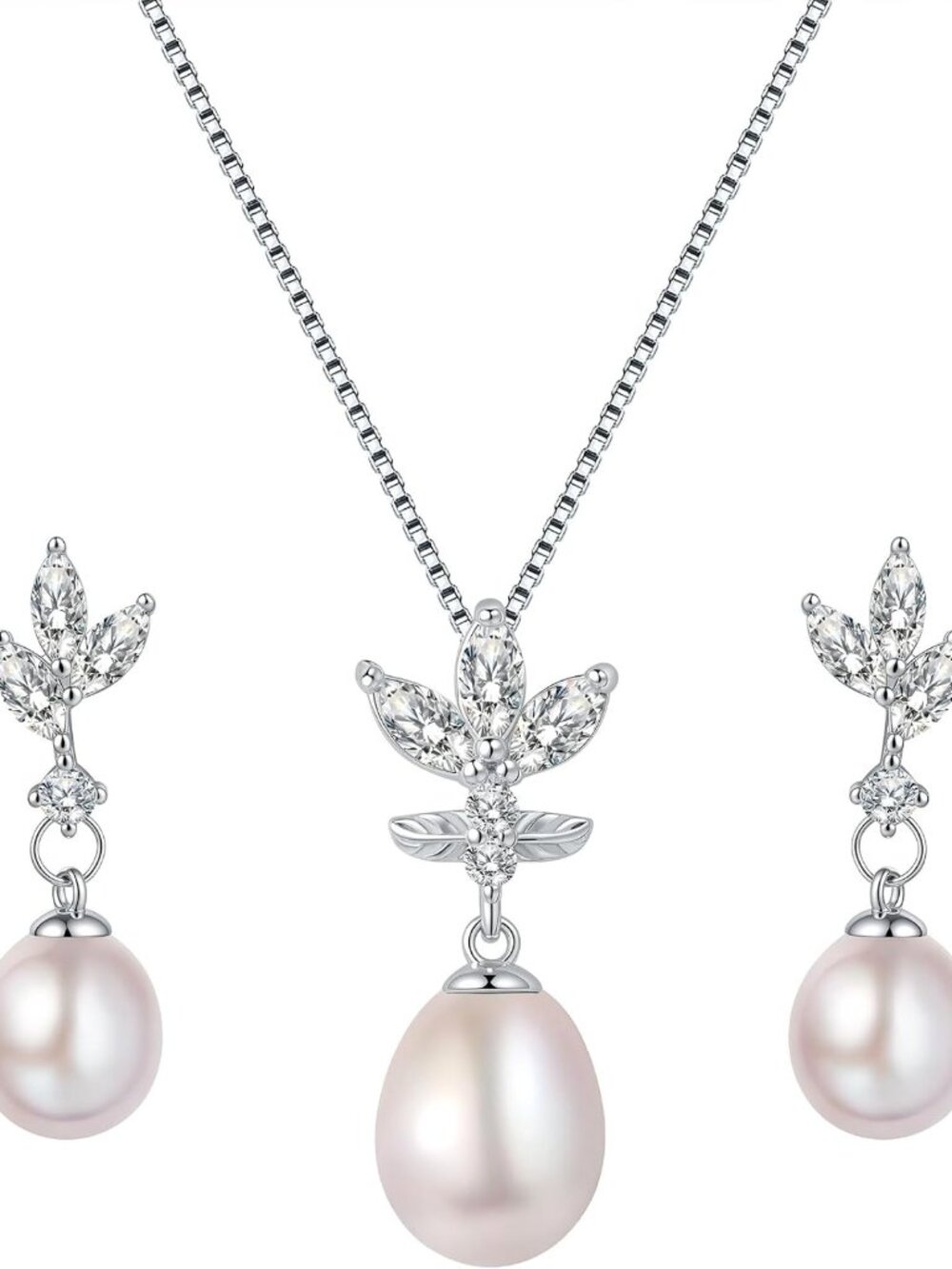 Elegant Pearl Necklace & Earrings Set - 925 Sterling Silver Jewelry Gift